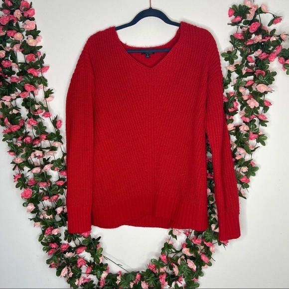 A New Approach a.n.a Red V-Neck Crochet Pattern Knit Sweater Long Sleeve Medium - Picture 1 of 7